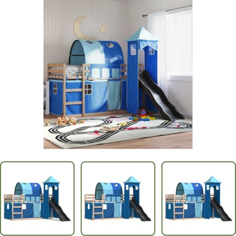 Letto a castello per bambini -  Letto a Castello con Scivolo e Tende Blu 80x200 cm