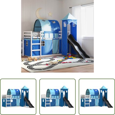 Letto a castello per bambini -  Letto a Castello con Scivolo e Tende Blu 90x200 cm