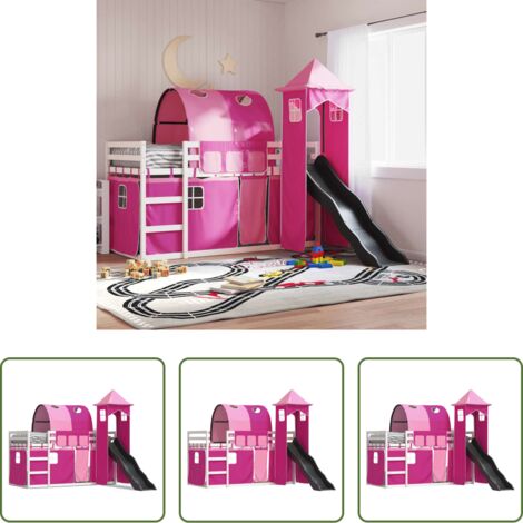 Letto a castello per bambini -  Letto a Castello con Scivolo e Tende Rosa 90x190 cm