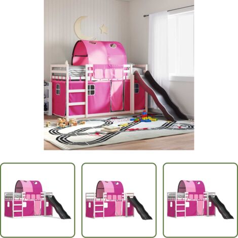 Letto a castello per bambini -  Letto a Castello con Scivolo e Tende Rosa 90x190 cm
