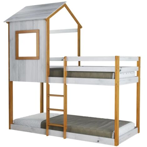 letto a castello per ragazzi bellahome "lille" in pino massello con soppalco a casetta 200,5x111x215 cm