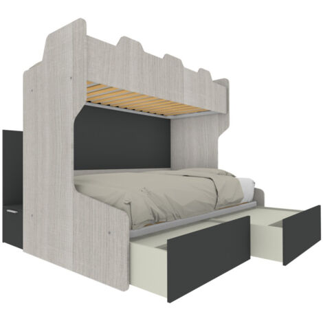 Letto a castello salvaspazio con scala contenitore - 1 Piazza e mezza + singolo - Rovere rock