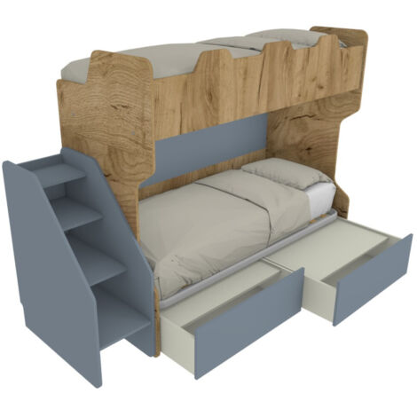 Letto a castello salvaspazio con terzo letto estraibile e scala laterale - Ideale per camerette - Quercia e Avio