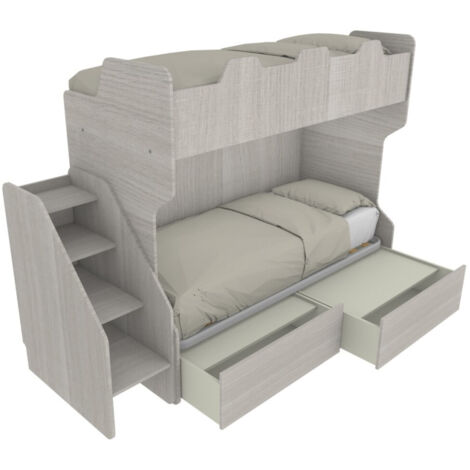 Letto a castello salvaspazio con terzo letto estraibile e scala laterale - Ideale per camerette - Rovere rock