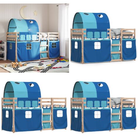 Letto a Castello senza Materasso Blu 90x190cm Massello Pino - Letto a castello bambino - Letto a castello con tende