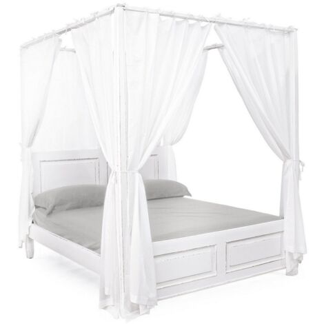 Letto a due posti "Colette" con tende, struttura in legno di mango, stile moderno