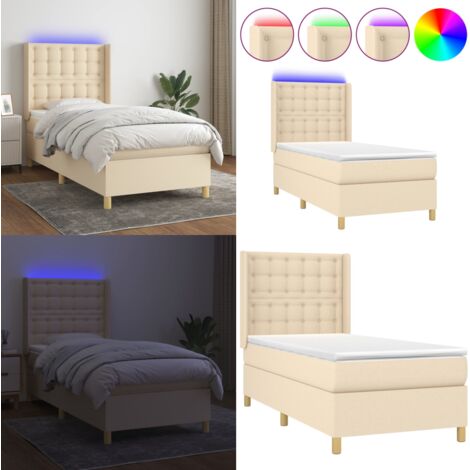 Letto a Molle con Materasso e LED Crema 90x200 cm in Tessuto - Materasso a molle - Letto con LED