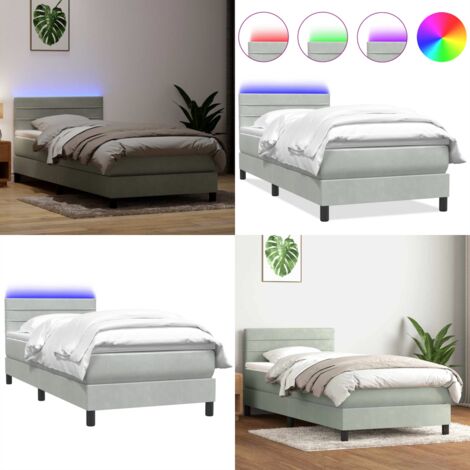 Letto a Molle con Materasso e LED Grigio Chiaro 80x210 cm Velluto - Materasso a molle insacchettate - Letto con luci LED