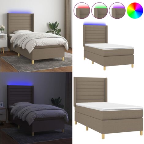 Letto a Molle con Materasso e LED Tortora 90x190 cm in Tessuto - Materasso a molle - Letto con LED
