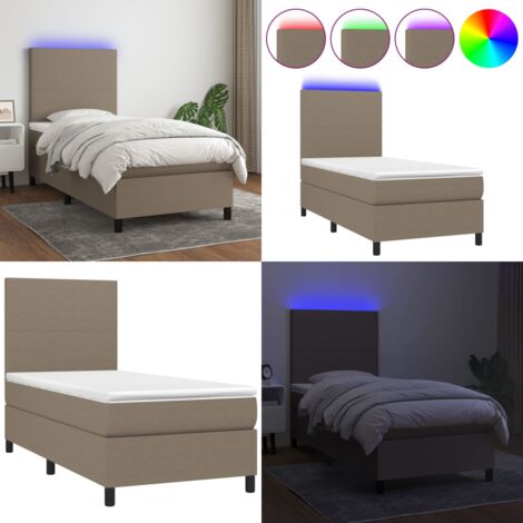Letto a Molle con Materasso e LED Tortora 90x200 cm in Tessuto - Materasso a molle - Letto con LED