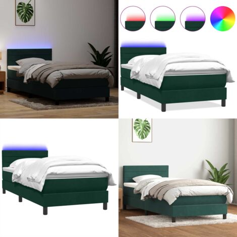 Letto a Molle con Materasso e LED Verde Scuro 80x220 cm Velluto - Materasso a molle insacchettate - Letto con LED