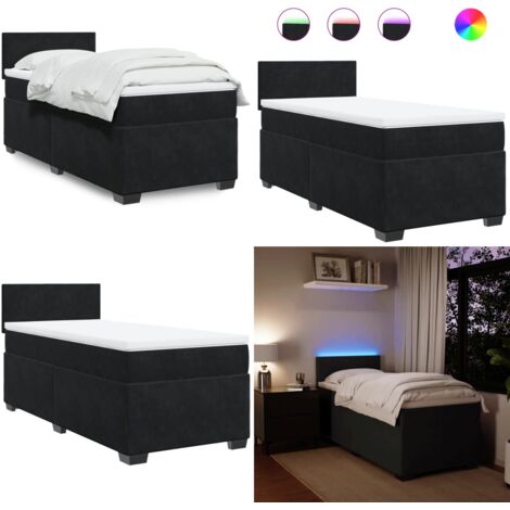Letto a Molle con Materasso Nero Singolo in Velluto - Materasso a molle insacchettate - Letto con luci a LED