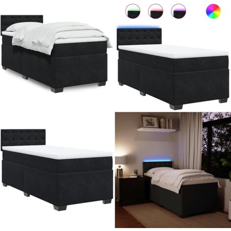 Letto a Molle con Materasso Nero Singolo in Velluto - Materasso a molle insacchettate - Letto con luci a LED