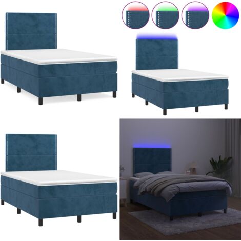 Letto a Molle Materasso e LED Blu Scuro 120x190 cm in Velluto - Materasso a molle - Letto con LED