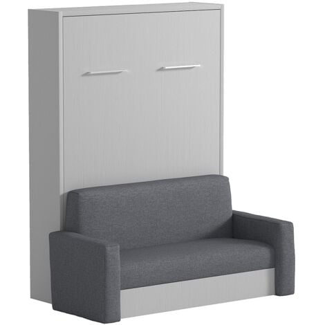 VENTE-UNIQUE Letto a scomparsa con divano 140 x 200 cm Apertura verticale manuale Bianco e Grigio - VACIALA II