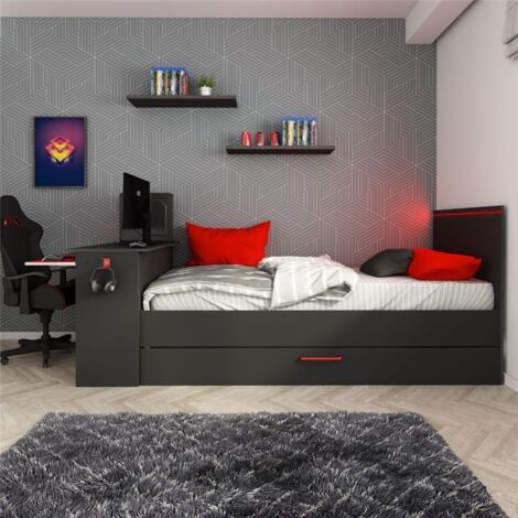 Letto a scomparsa gamer 90 x 200 cm e 90 x 190 cm - con scrivania - LED - Antracite e Rosso - VOUANI