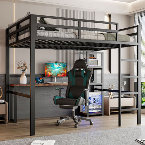 Letto a soppalco 140x200cm compatto con scrivania e prese USB spazio di stoccaggio ripiani metallo camera Nero(Senza materasso)