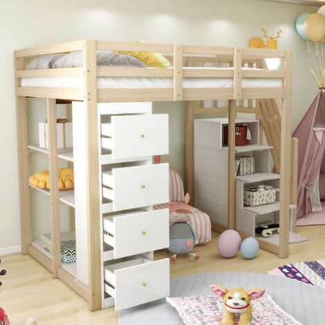 Letto a soppalco 140x200cm scala con cassetti accesso sicuro portata 120kg doghe legno naturale(Senza materasso)