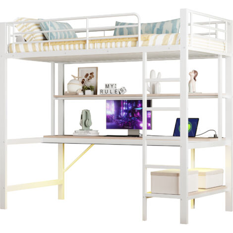 Letto a soppalco 90 × 200 cm con ringhiera e scaletta, USB e presa, illuminazione a LED, scrivania e ripiani, metallo, bianco, senza materasso