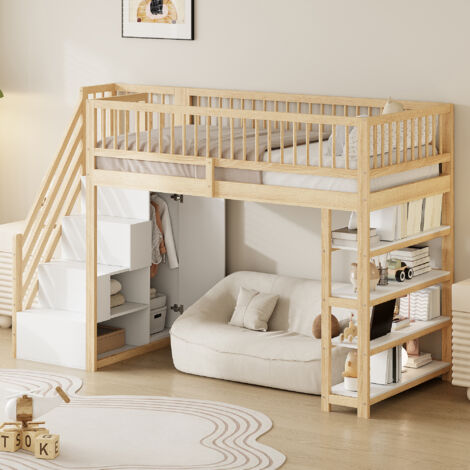 Letto a Soppalco 90×200 cm, Letto Singolo con Armadio, Mensole, Vani Contenitore e Scala di Sicurezza, senza Materasso, Legno Naturale