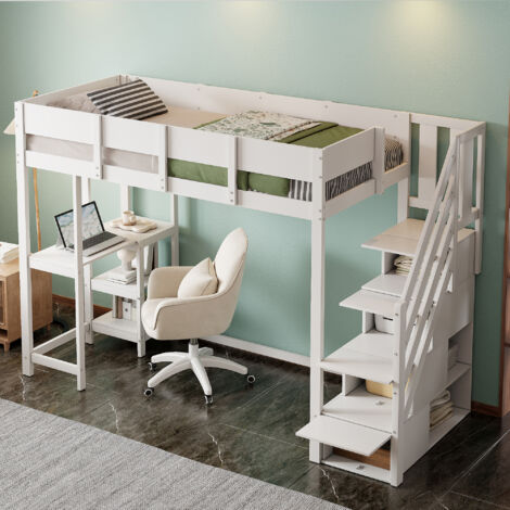 Letto a Soppalco 90×200 cm, Letto Singolo con Scala Contenitore, Mensola e Sponde, senza Materasso, in Legno, Bianco