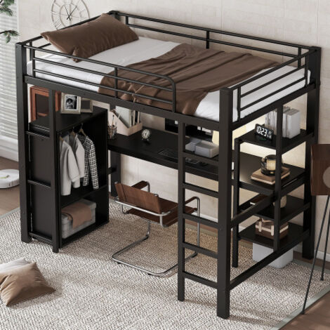 Letto a soppalco 90x200 cm con scrivania e armadio, ripiano portaoggetti, scaletta a 5 gradini, senza materasso, nero
