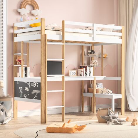 Letto a soppalco 90x200 cm, con scrivania, ripiani per lo stoccaggio, scala, rete a doghe, barriera di sicurezza, letto per bambini principessa in legno - Bianco