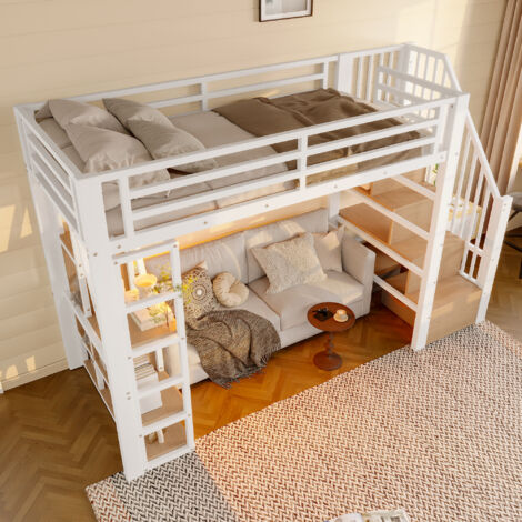 Letto a Soppalco 90x200 cm con Struttura Metallo e MDF Bianco