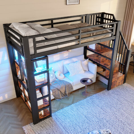Letto a Soppalco 90x200 cm con Struttura Metallo e MDF LED Nero