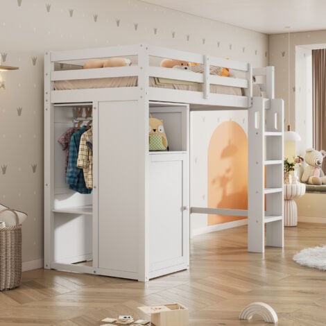 Letto a soppalco 90x200 cm, letto a soppalco per bambini con armadio, ripiani e rete a doghe, struttura letto in pino, bianco