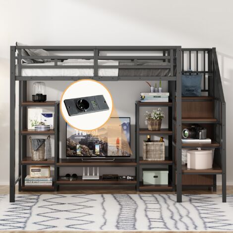 Letto a soppalco 90x200 cm - letto per bambini con mobile TV, presa elettrica e scaletta di sicurezza - in metallo e legno - nero