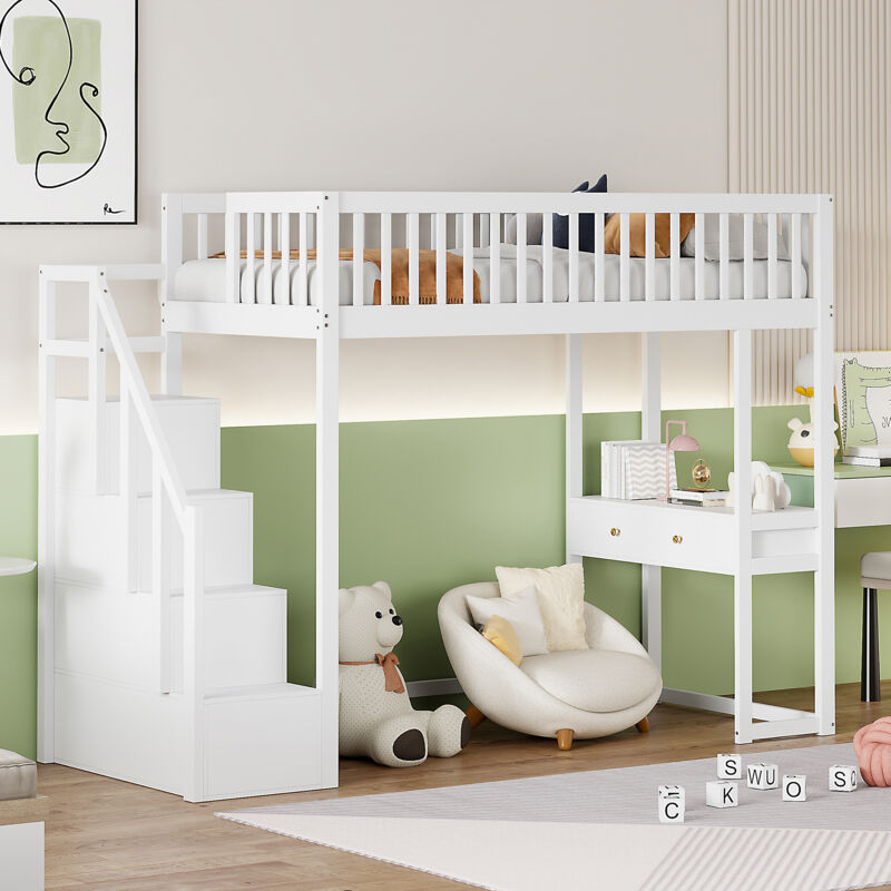 Letto a soppalco 90x200 con tavolo multifunzionale, scala di stoccaggio sicura, struttura letto in legno massello di pino per bambini e ragazzi bianco