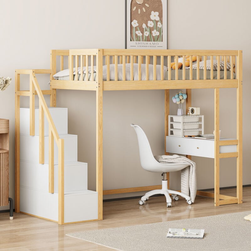 Okwish - Letto a soppalco 90x200 con tavolo multifunzionale, scala di stoccaggio sicura, struttura letto in legno massello di pino per bambini e