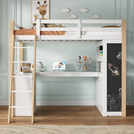 Letto a soppalco 90x200cm design multifunzione scrivania e scaffali sicurezza garantita legno e MDF naturale (Senza materasso)