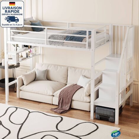 Letto a soppalco 90x200cm - Scandinavo - Metallo - Spazio di contenimento su entrambi i lati - Bianco