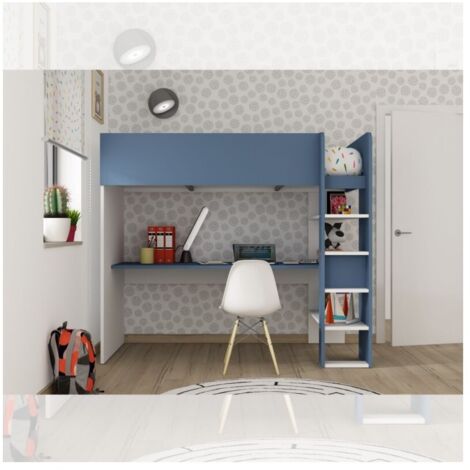 Letto a soppalco azzurro e bianco con scrivania 2276