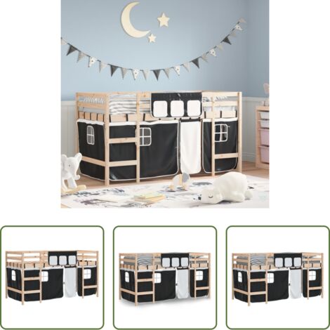 Letto a soppalco bambini -  Letto a Soppalco con Tende Bambini Bianco e Nero 80x200 cm Pino