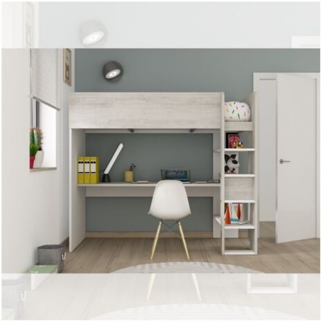Letto a soppalco bianco consumato e bianco con scrivania 2278