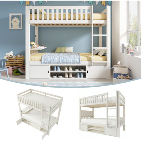 Letto a soppalco bianco per bambini, 90×200 cm, con piano ribaltabile e scarpiera integrata, rete a doghe, soluzione salvaspazio tutto in uno, testato secondo la norma EN 747, materasso non incluso.