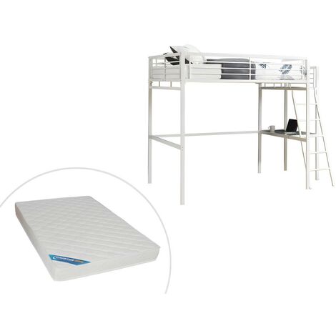 Letto a soppalco con piano scrivania 140 x 190 cm Bianco + Materasso - CASUAL II - Bianco