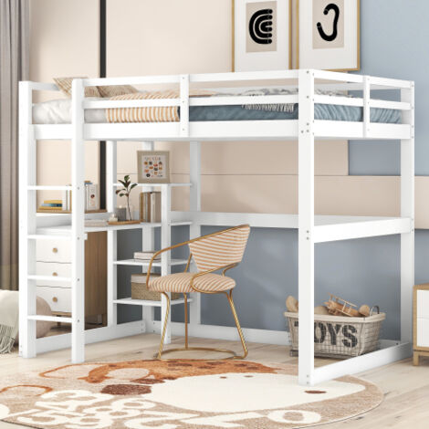 Letto a soppalco con scrivania, letto a soppalco per bambini 140x200 cm con 4 vani contenitore, struttura letto in pino, bianco