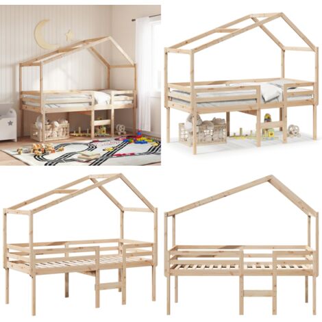 Letto a Soppalco con Tetto 90x200 cm in Legno di Pino - Letto con tetto - Letto per bambini