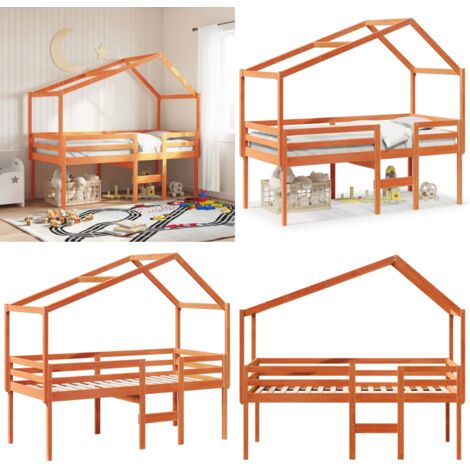Letto a Soppalco con Tetto Marrone Cera 90x200 cm Legno di Pino - Letto con tetto - Letto per bambini