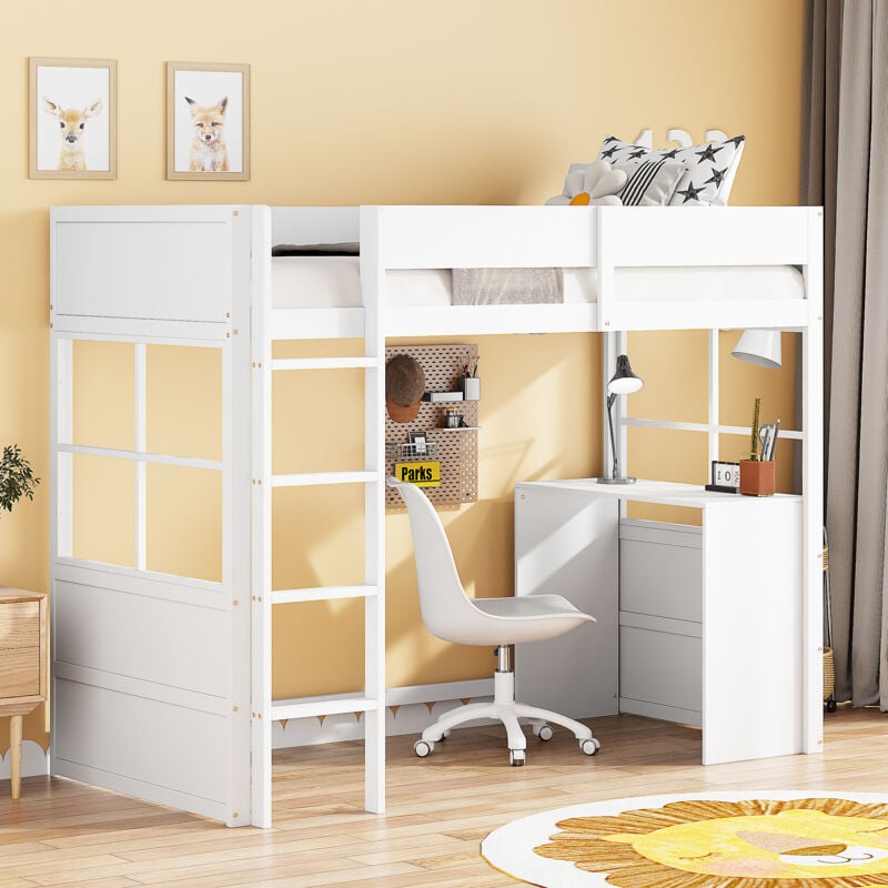 Letto a soppalco in legno 90200 cm, scala di sicurezza, con tavolo, design con recinzione alta, letto singolo, lettino per bambini, bianco