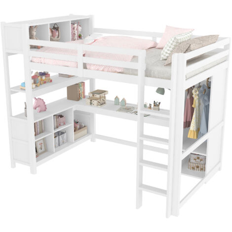 Letto a soppalco in legno di pino e MDF bianco 140x200 cm con scrivania, scaffali e armadio