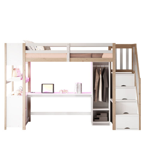 Letto a soppalco in legno massello e MDF bianco e naturale 90x200 cm con scrivania, armadio, LED e scale contenitore