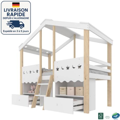 Letto a soppalco in legno per bambini MODFU 90×200 cm con contenitore, 2 cassetti, letto a soppalco con LED, materasso non incluso, bianco+naturale