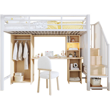 Letto a soppalco in metallo bianco 90x200 cm con armadio, scrivania e scale contenitore