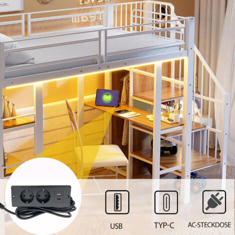Letto a soppalco in metallo bianco 90x200 cm con scrivania, scaffale, armadio, LED e presa