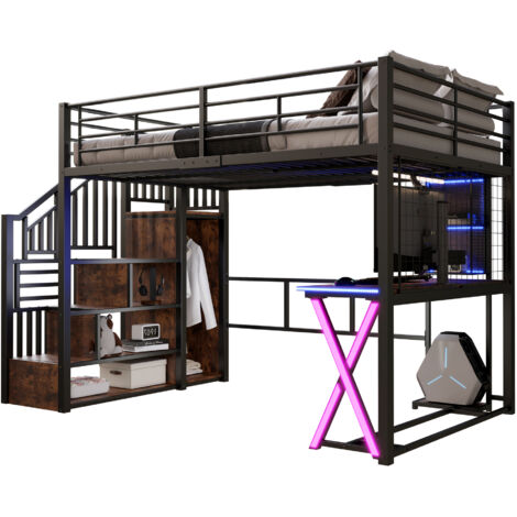 Letto a soppalco in metallo e MDF nero 140x200 cm con scrivania, armadio, scaffali e LED